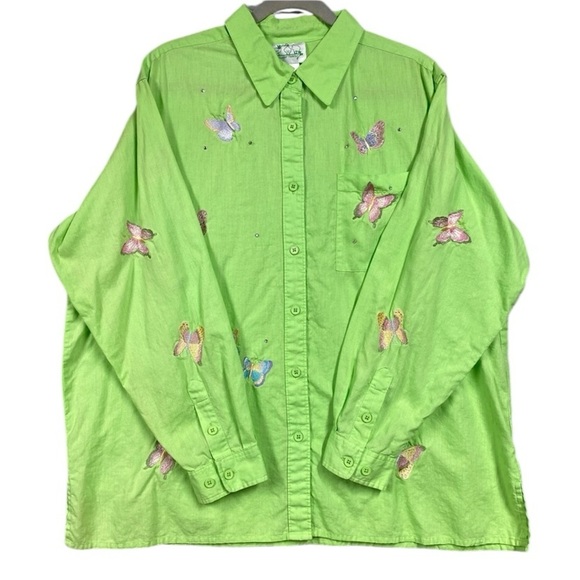 The Quacker Factory Embroidered Butterfly Linen Cotton Button Up Shirt Size 1X - Picture 1 of 6